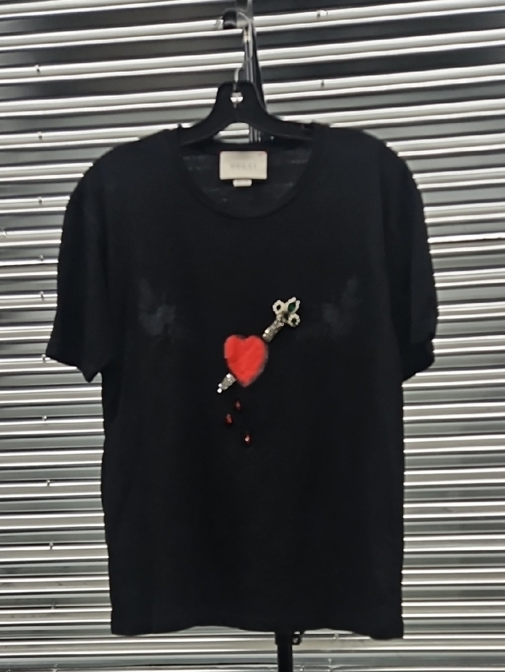 Gucci Black Short Sleeve Tee with Red Heart and Embellished Dagger